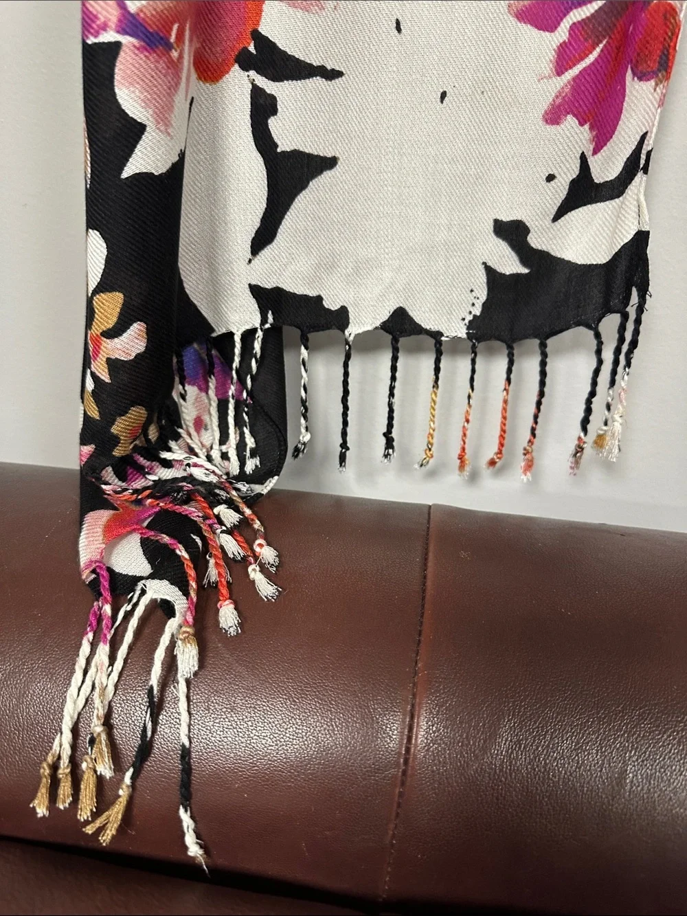 Dramatic Back, red & Purple Long Floral Fringe Scarf, medium weight Rayon, EUC!